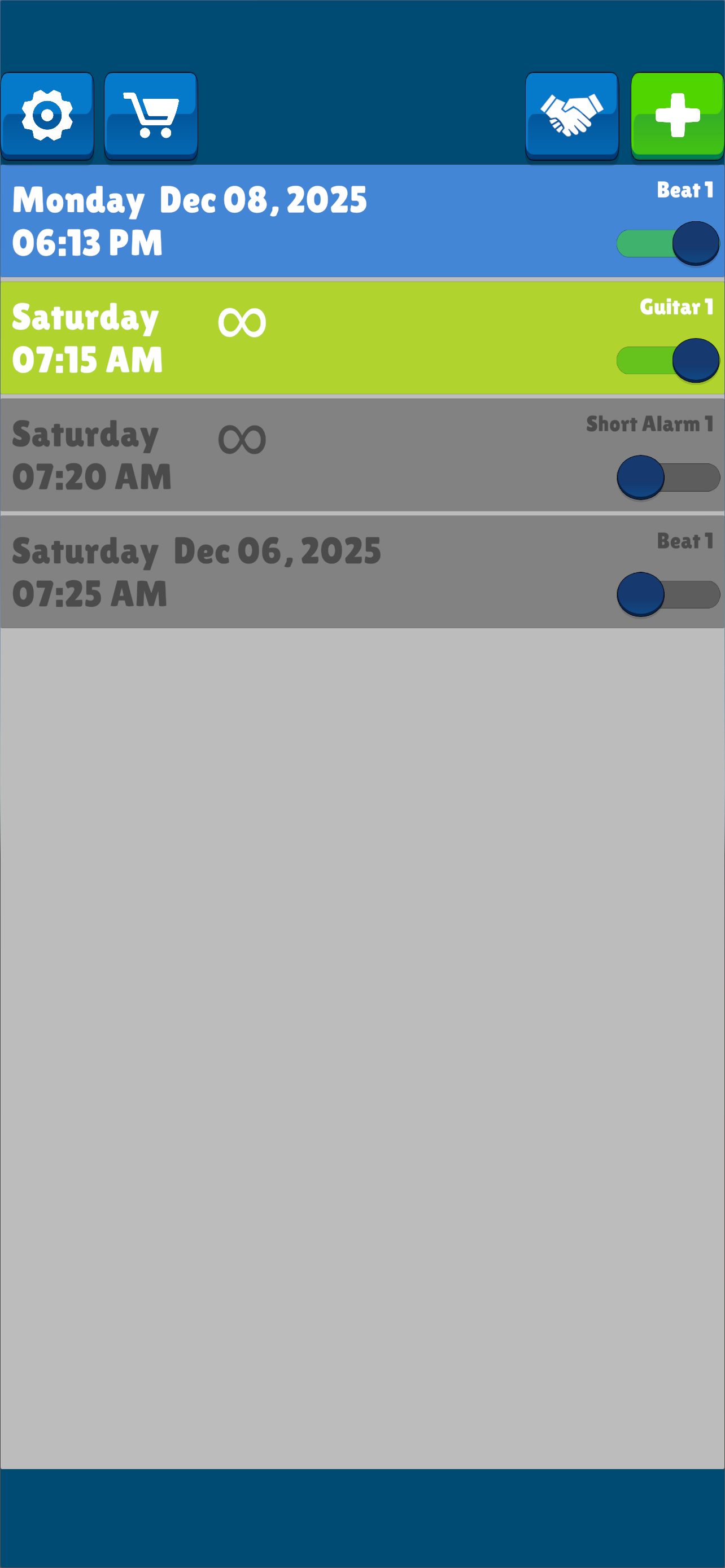 App Screenshot showing the main alarm setup dashboard with Shabbat and holiday alarms